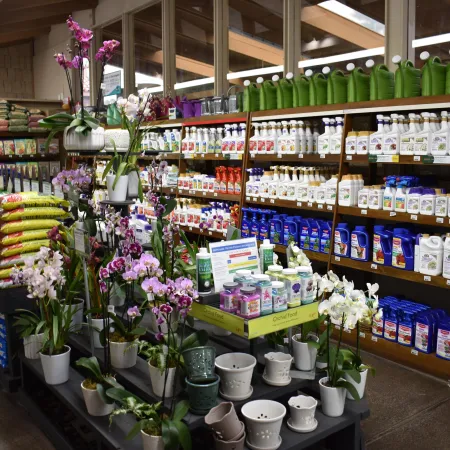 Indoor garden center display with potted orchids, plant fertilizers, soil bags, and gardening supplies on shelves.