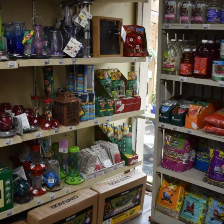 Shelves stocked with bird feeders, garden supplies, and bird food inside a store with natural light