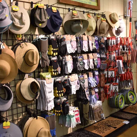 Display of various gardening hats, gloves, pruners, and watering hoses neatly arranged on a store wall.
