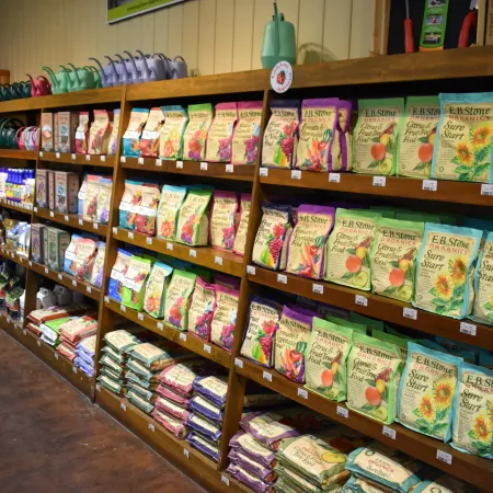 Wooden shelves stocked with organic garden seed packets and watering cans in a gardening supply store.