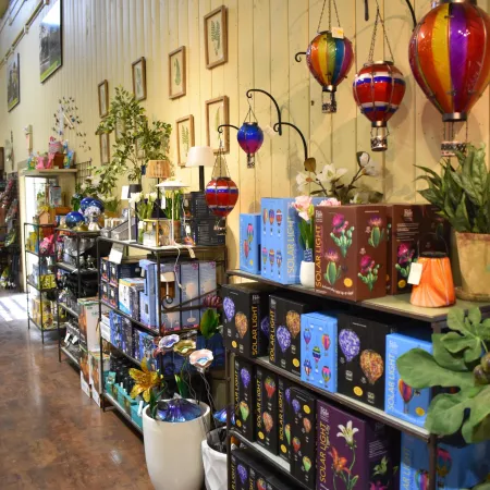 Shop interior with colorful solar light hot air balloon decorations and garden-themed products on shelves.