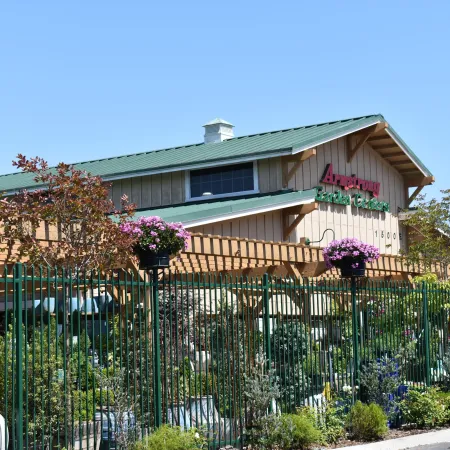 Exterior view of a garden center with a green metal roof, wooden pergola, and green fence under a clear blue sky