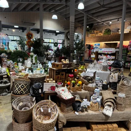 Interior of a rustic store displaying woven baskets, decorative items, plants, and home goods under industrial lighting.