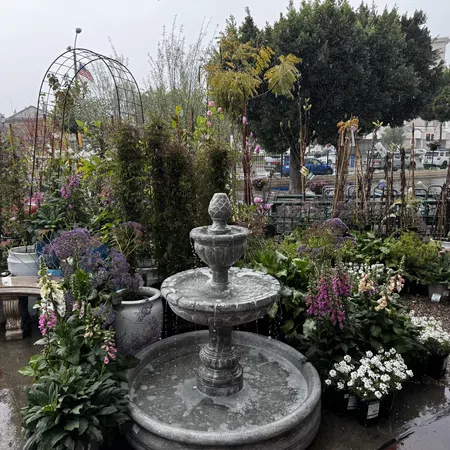 Outdoor garden center with a stone water fountain surrounded by flowering plants and greenery on a rainy day