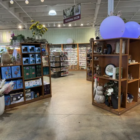 Interior of a decor store showcasing wooden shelves with seasonal decor, plants, and decorative items under bright lights