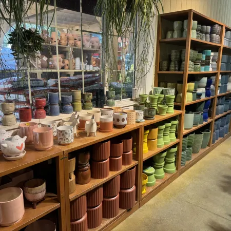 Colorful ceramic pots and planters organized on wooden shelves in a bright garden store interior.