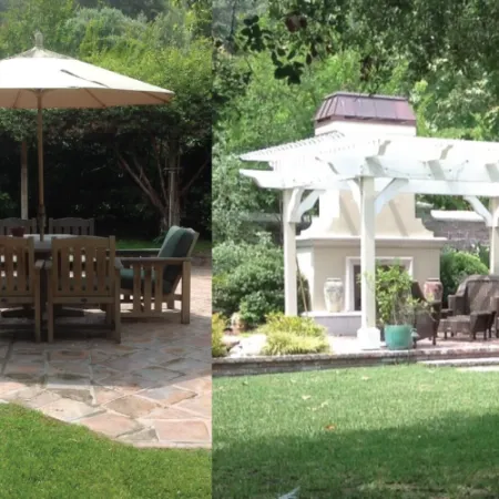 Before and after backyard patio makeover with umbrella and wooden furniture replaced by white pergola and outdoor fireplace