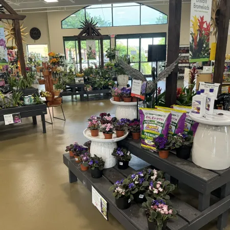 Indoor garden center with potted flowers, plants, gardening supplies, and natural light from large windows.