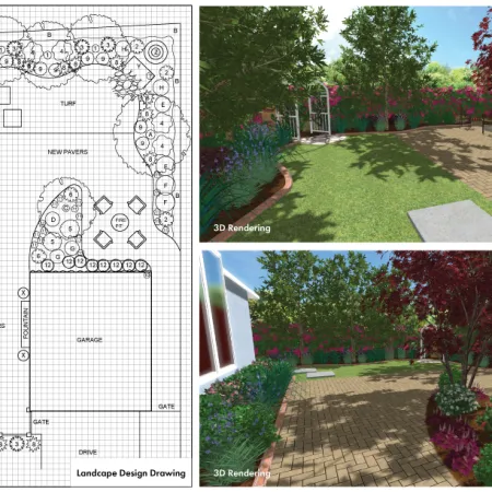 Landscape design plan with 3D renderings showing paved patio, garden beds, turf, and trees around a residence.