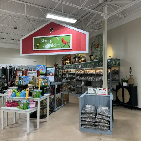 Indoor birding and wildlife section with bird feeders, seeds, and garden supplies under a red sign.