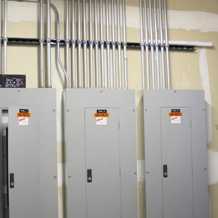 Three gray electrical panels with 480 volts caution labels and metal conduit piping above on beige wall.