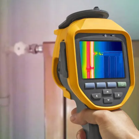 Hand holding a yellow thermal imaging camera showing heat patterns on indoor pipes and radiator.