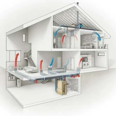 Cutaway view of house HVAC system showing airflow with ducts, heating furnace in basement, and cooling vents near ceiling.