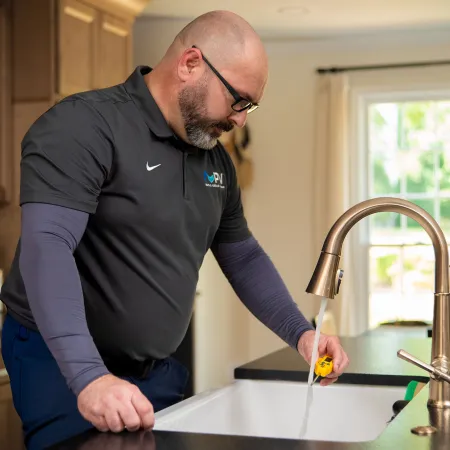 Technician testing water flow from kitchen faucet using a yellow tool in a modern kitchen sink area.