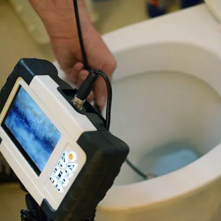 Plumber using a video inspection camera to check inside a toilet bowl and drain for blockages or damage.