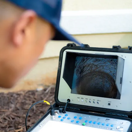 Technician inspecting a pipe interior using a portable video inspection camera monitor outdoors near a building.