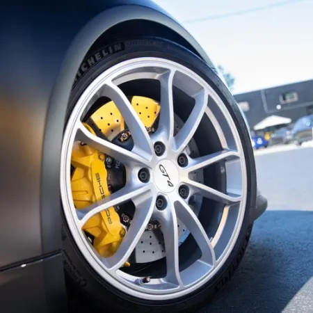 a close up of a car's wheel