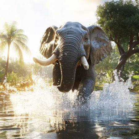 Elephant splashing water while walking through a tropical forest river at sunrise with palm trees and lush greenery.
