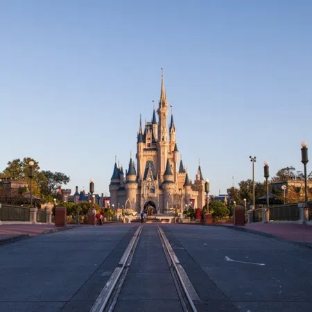 Wide view of Cinderella Castle at Disney World with clear sky and empty walkway in the morning light