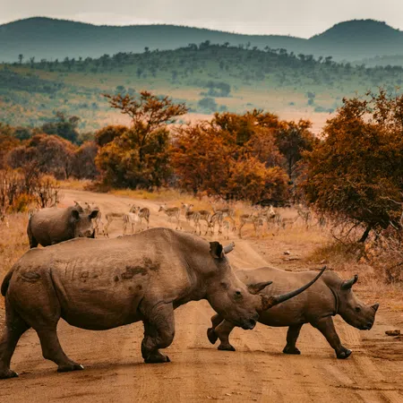 Two rhinos crossing a dusty road with antelopes and autumn trees in a savannah landscape under a mountainous sky.