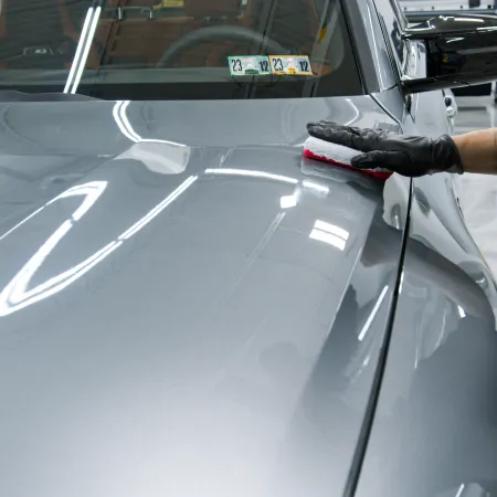 Person wearing black glove polishing the hood of a shiny silver car in a garage.