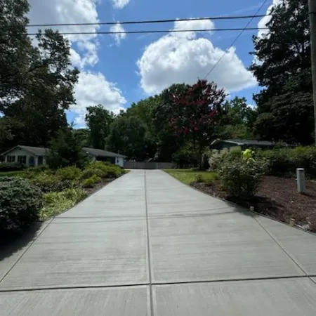 a paved walkway with trees and bushes