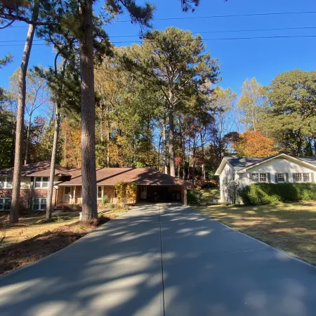 a road with trees and houses on the side