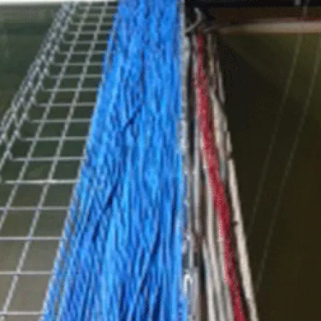 Blue and red network cables organized on a metal cable tray inside an industrial building.