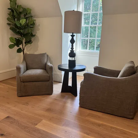 Cozy seating area with two gray armchairs, a black side table with lamp, and a tall green plant near a window.
