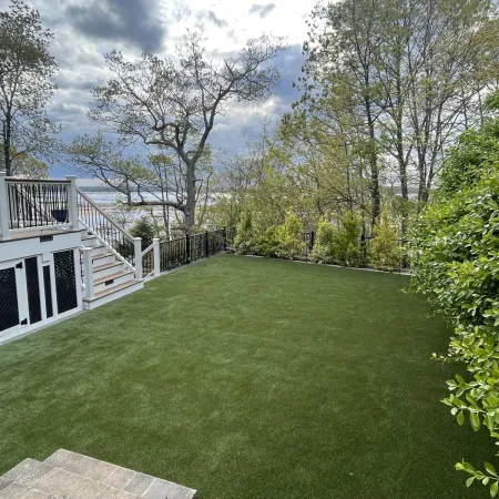 a grassy area with trees and a fence around it