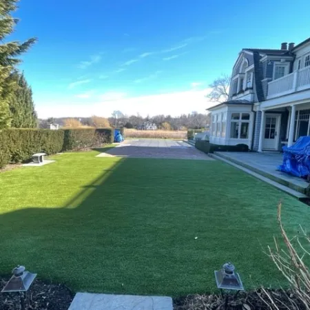 a backyard with a house and a lawn