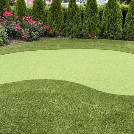 a golf course with a green lawn