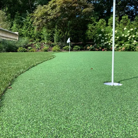 a golf course with a flag