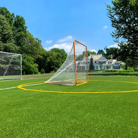 Lacrosse and soccer goals on a green field with trees and residential houses under a clear blue sky.
