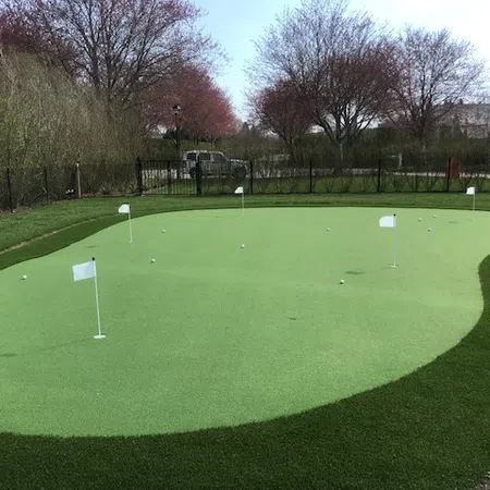 Small golf putting green with six white flags and scattered golf balls surrounded by trees and a fence.