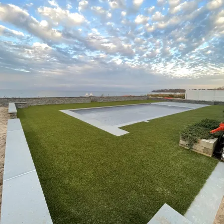 a golf course with a pool