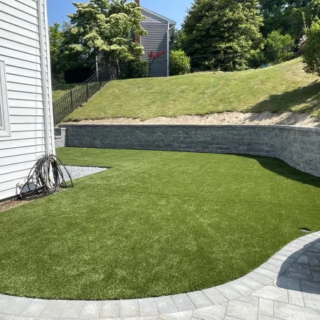 a backyard with a small lawn