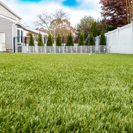 a yard with a fence and a house in the background