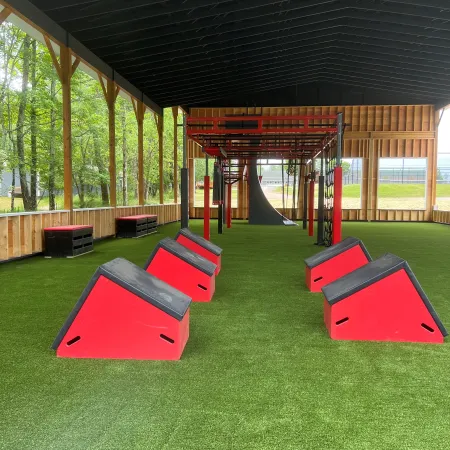 a room with red couches