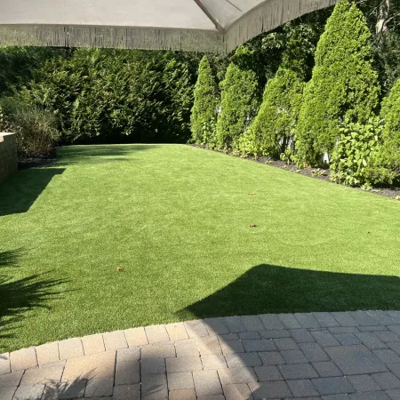 a lawn with bushes and a building
