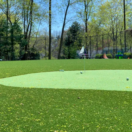 a golf course with a green field