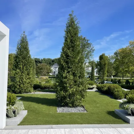 a large green lawn with trees and a white building in the background