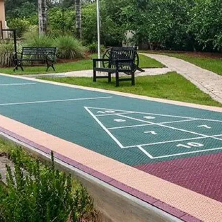 Outdoor shuffleboard court with benches, greenery, and a walking path in a park-like setting.