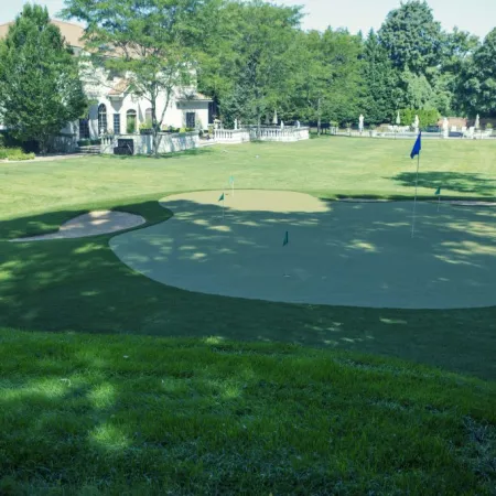 a golf course with a flag