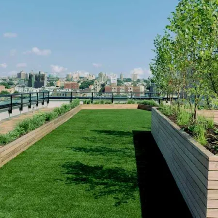 a grassy area with a body of water in the background