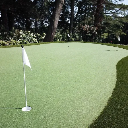 a golf course with a flag