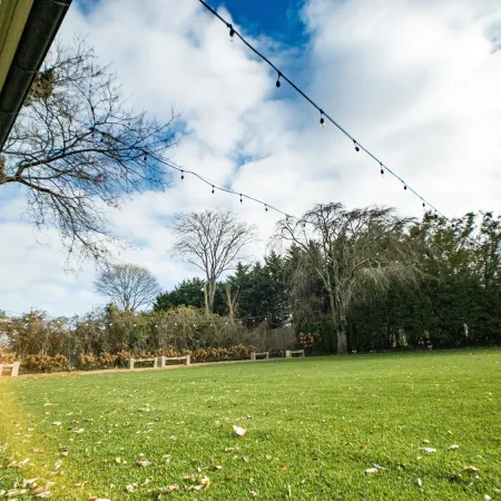 a grassy area with trees in the background
