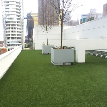 a grassy area with trees and buildings in the background