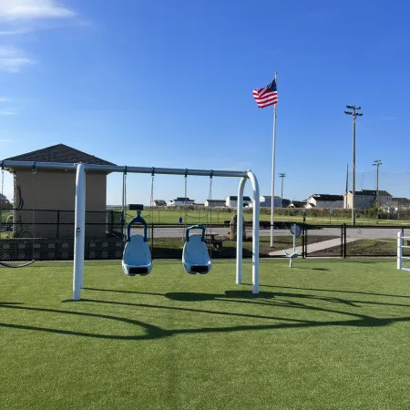 a football field with a flag