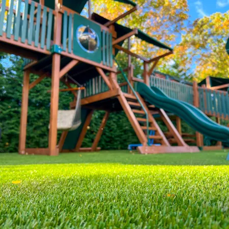 Close-up of green grass in front of a wooden playset with slide, swings, and Adirondack chair on a sunny day.